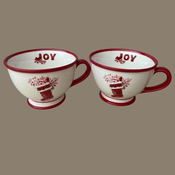 Starbucks Holiday 2007 “JOY” Mug Set of 2 Red Rim 10 oz Santa Stocking Cups - Picture 1 of 6